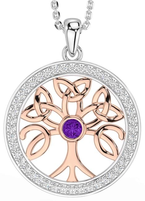 Diamond Amethyst Rose Gold Silver Celtic Tree of Life Trinity Knot Necklace