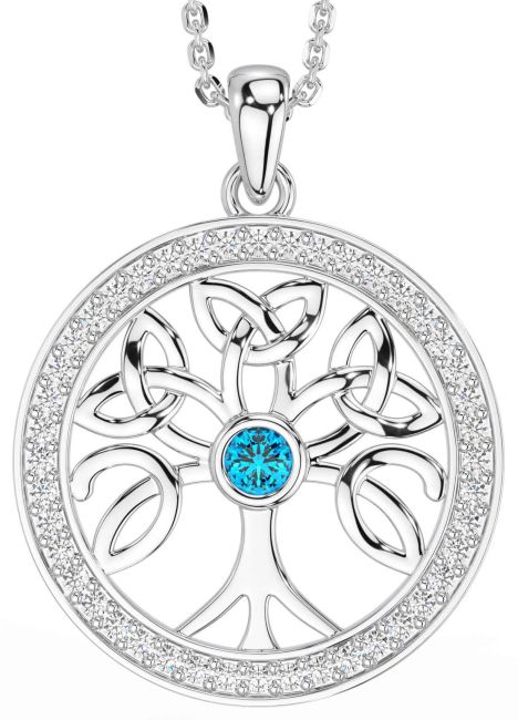 Diamond Topaz White Gold Celtic Tree of Life Trinity Knot Necklace