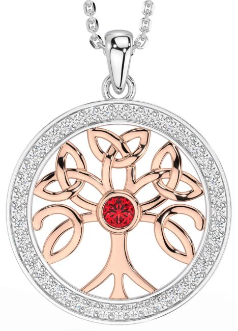 Diamond Ruby White Rose Gold Celtic Tree of Life Trinity Knot Necklace