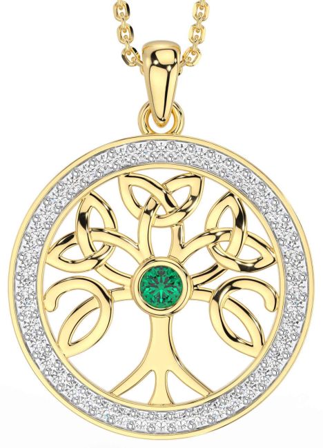 Diamond Emerald Gold Celtic Tree of Life Trinity Knot Necklace