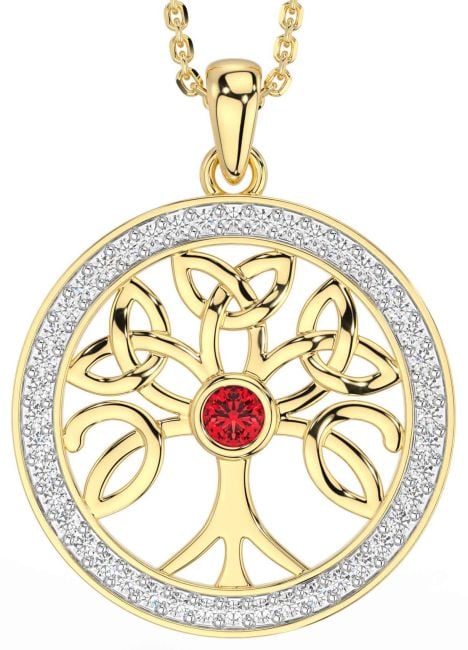 Diamond Ruby Gold Celtic Tree of Life Trinity Knot Necklace