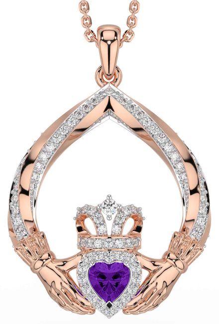 Diamond Amethyst Rose Gold Silver Claddagh Necklace