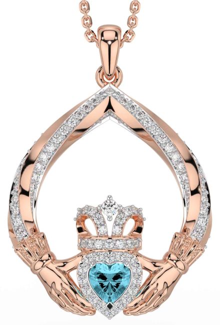 Diamond Aquamarine Rose Gold Silver Claddagh Necklace