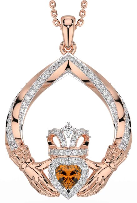 Diamond Citrine Rose Gold Silver Claddagh Necklace