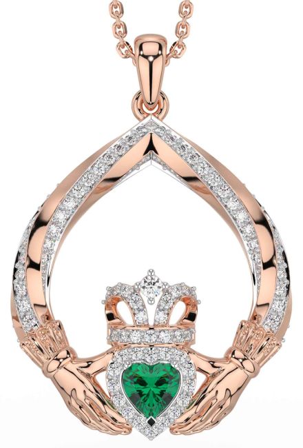 Diamond Emerald Rose Gold Silver Claddagh Necklace