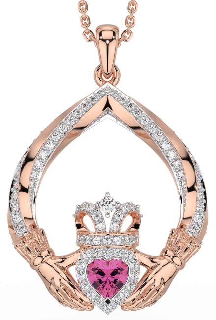 Diamond Pink Tourmaline Rose Gold Silver Claddagh Necklace