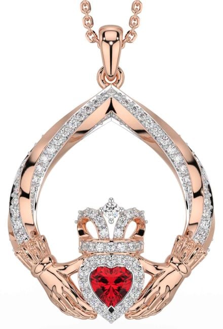 Diamond Ruby Rose Gold Silver Claddagh Necklace
