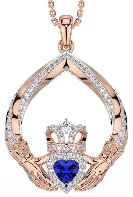 Diamond Sapphire Rose Gold Silver Claddagh Necklace