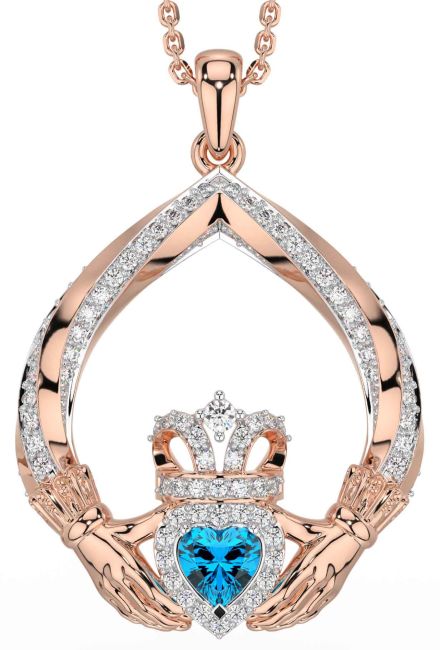 Diamond Topaz Rose Gold Silver Claddagh Necklace