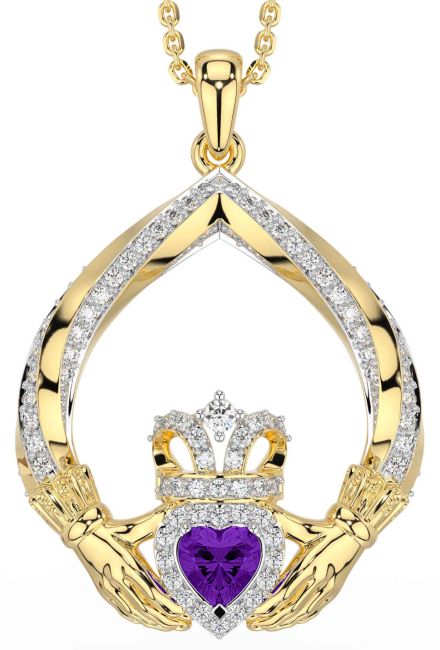 Diamond Amethyst Gold Silver Claddagh Necklace