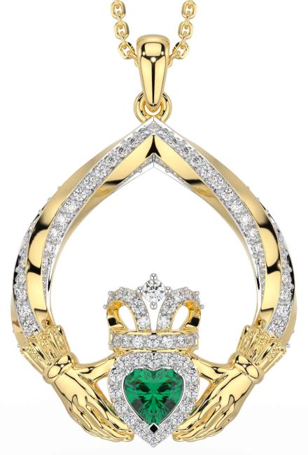 Diamond Emerald Gold Silver Claddagh Necklace