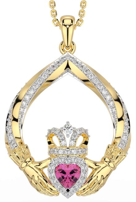 Diamond Pink Tourmaline Gold Silver Claddagh Necklace