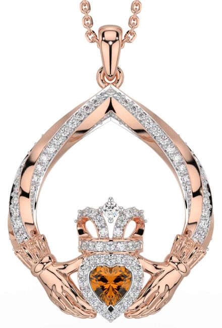 Diamond Citrine Rose Gold Claddagh Necklace