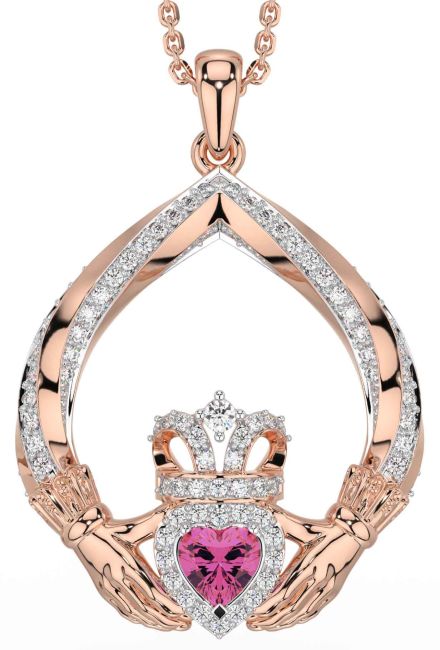 Diamond Pink Tourmaline Rose Gold Claddagh Necklace