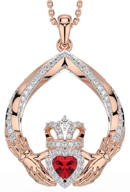 Diamond Ruby Rose Gold Claddagh Necklace