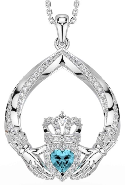 Diamond Aquamarine Silver Claddagh Necklace