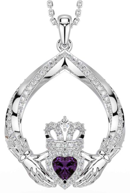 Diamond Alexandrite Silver Claddagh Necklace