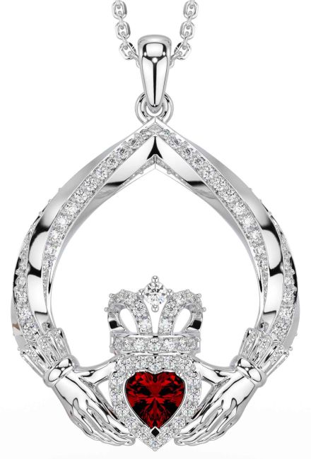 Diamond Garnet Silver Claddagh Necklace