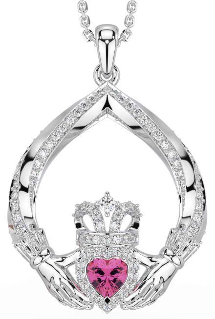 Diamond Pink Tourmaline Silver Claddagh Necklace