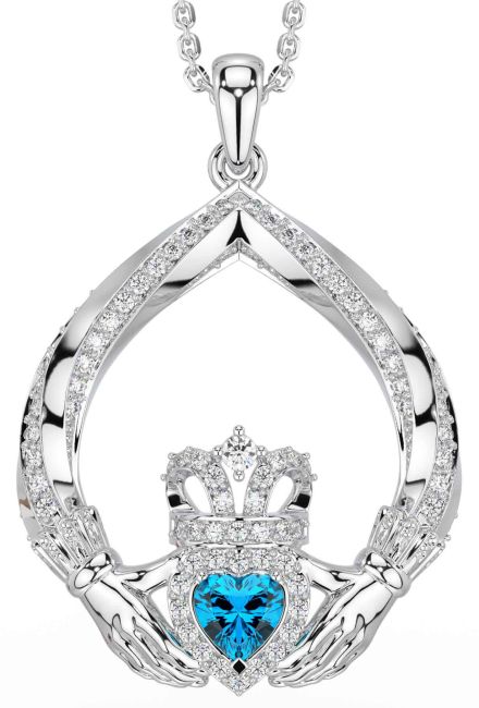 Diamond Topaz Silver Claddagh Necklace