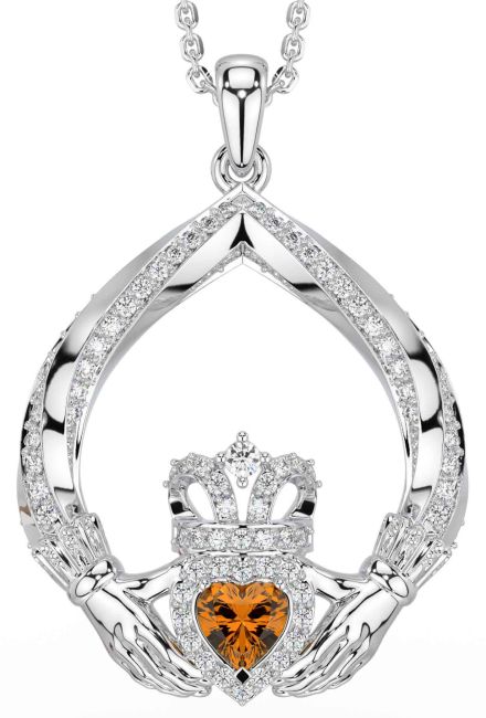 Diamond Citrine White Gold Claddagh Necklace