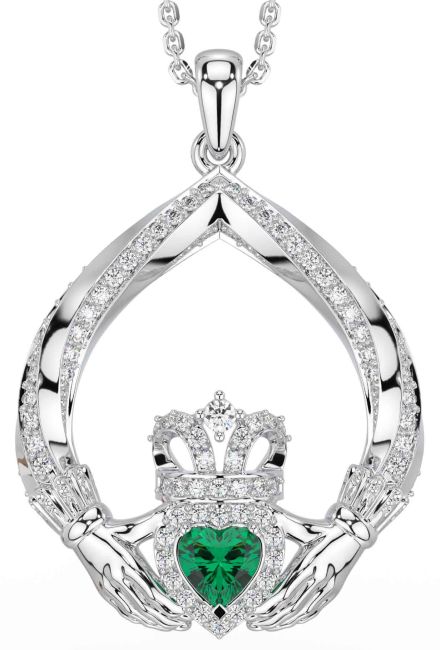Diamond Emerald White Gold Claddagh Necklace