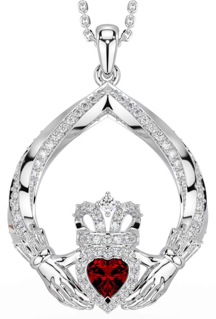 Diamond Garnet White Gold Claddagh Necklace