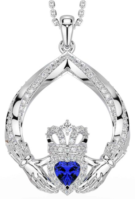 Diamond Sapphire White Gold Claddagh Necklace