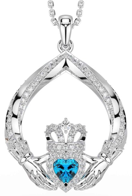 Diamond Topaz White Gold Claddagh Necklace