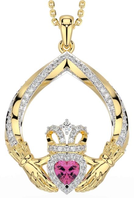 Diamond Pink Tourmaline Gold Claddagh Necklace