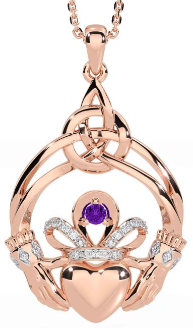 Diamond Amethyst Rose Gold Silver Celtic Claddagh Necklace