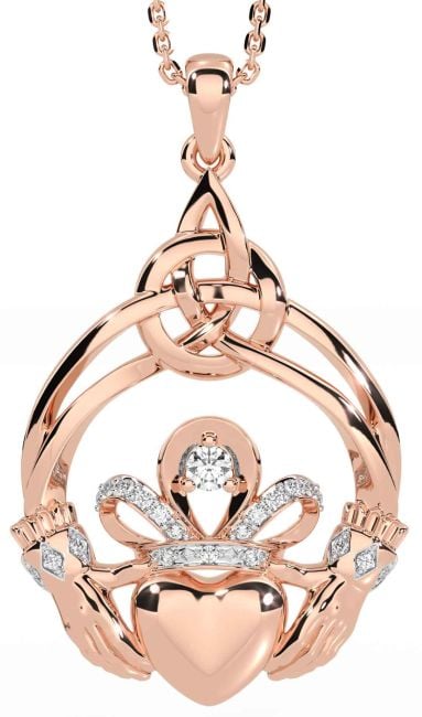 Diamond Rose Gold Silver Celtic Claddagh Necklace