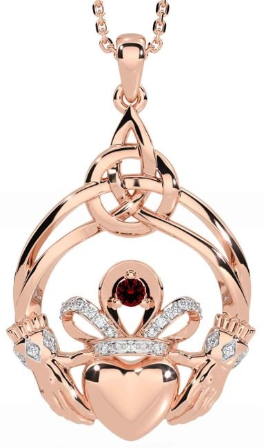 Diamond Garnet Rose Gold Silver Celtic Claddagh Necklace