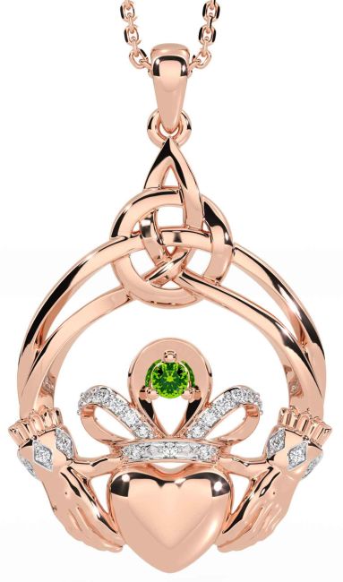 Diamond Peridot Rose Gold Silver Celtic Claddagh Necklace