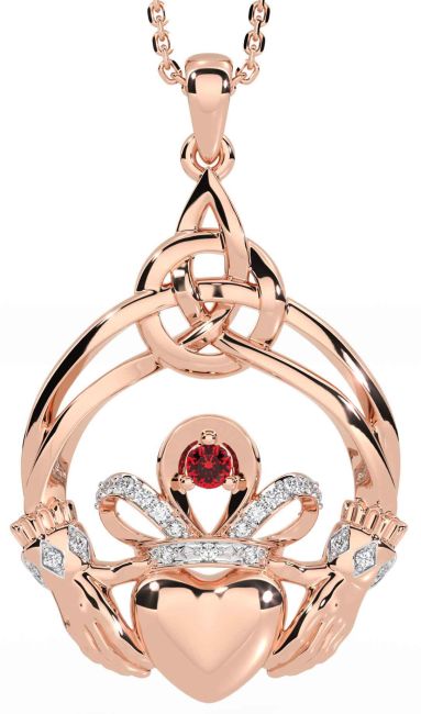 Diamond Ruby Rose Gold Silver Celtic Claddagh Necklace