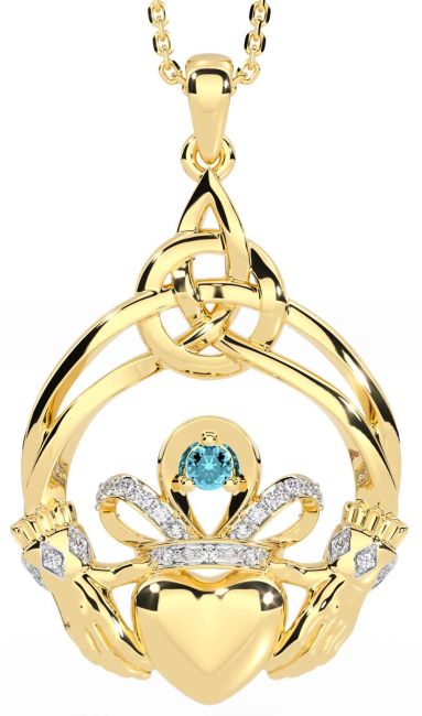 Diamond Aquamarine Gold Silver Celtic Claddagh Necklace