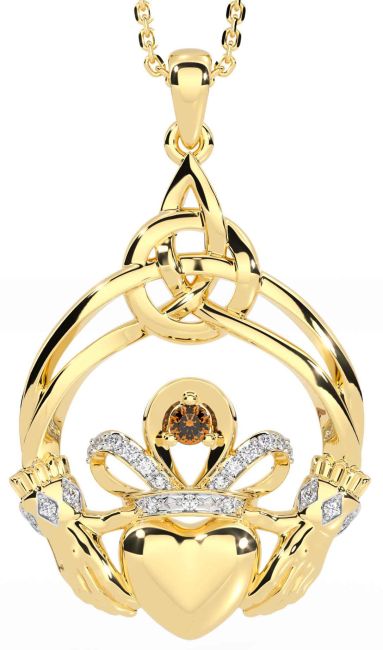 Diamant Citrin Gold Silber keltisch Claddagh Halskette