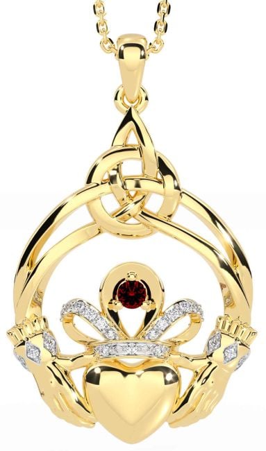 Diamond Garnet Gold Silver Celtic Claddagh Necklace