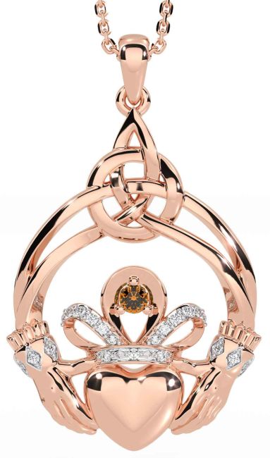 Diamond Citrine Rose Gold Celtic Claddagh Necklace