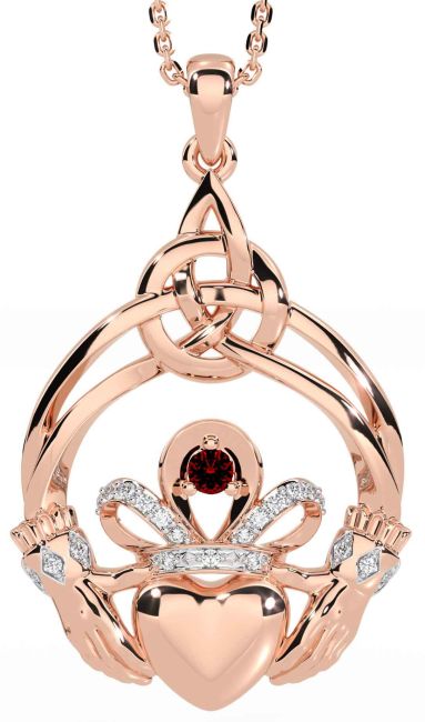 Diamond Garnet Rose Gold Celtic Claddagh Necklace