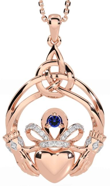 Diamond Sapphire Rose Gold Celtic Claddagh Necklace