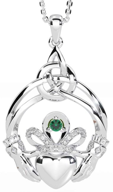 Diamond Emerald Silver Celtic Claddagh Necklace