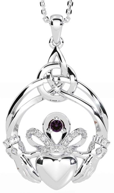 Diamond Alexandrite White Gold Celtic Claddagh Necklace