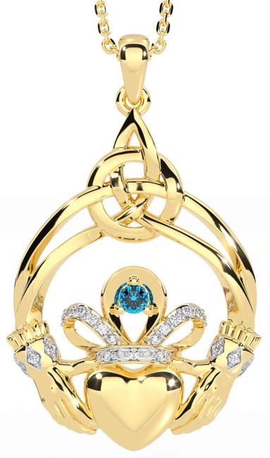 Diamond Topaz Gold Celtic Claddagh Necklace