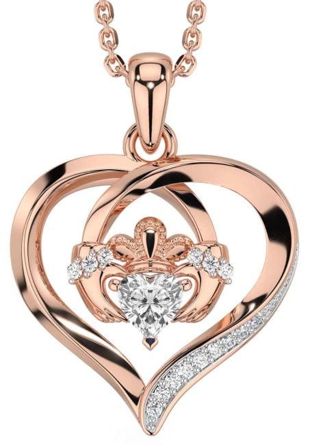 Diamond Rose Gold Silver Claddagh Celtic Heart Necklace