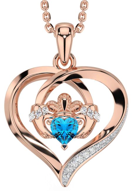 Diamond Topaz Rose Gold Silver Claddagh Celtic Heart Necklace
