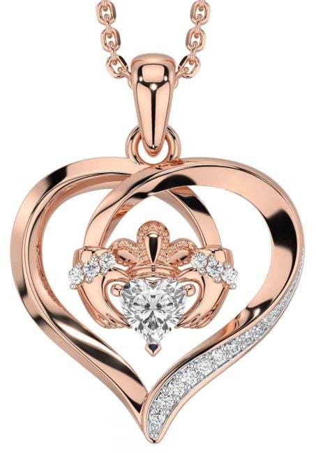 Diamond Rose Gold Claddagh Celtic Heart Necklace