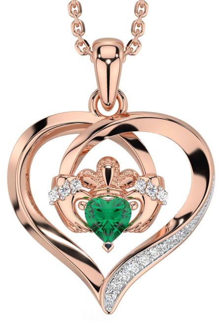 Diamond Emerald Rose Gold Claddagh Celtic Heart Necklace