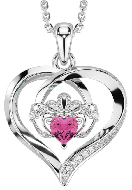 Diamond Pink Tourmaline White Gold Claddagh Celtic Heart Necklace