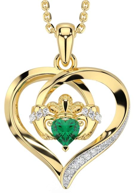 Diamond Emerald Gold Claddagh Celtic Heart Necklace